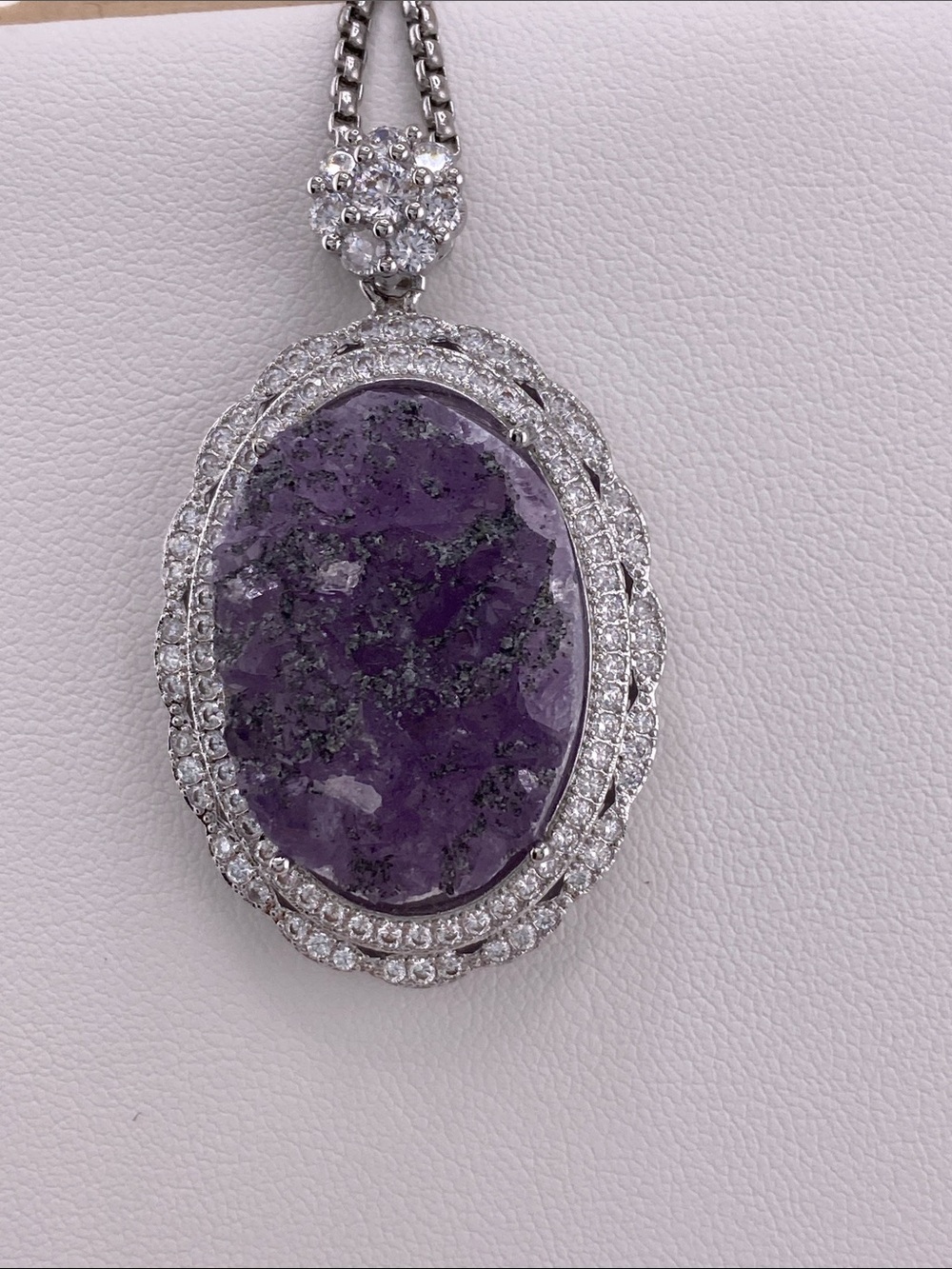 Amethyst Crystal Necklace - Raw Purple Shard Pendant - Sparkling Halo Setting